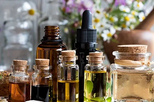 Apothecary bottles and dried flowers